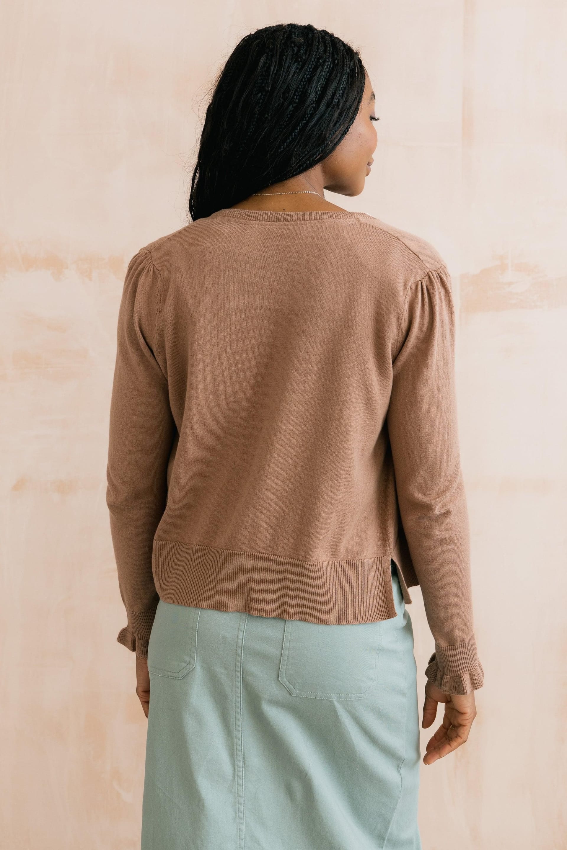 Lily & Me Lily & Me Women's Lauren Ruffle Outfitter Cardigan in Brown - 4