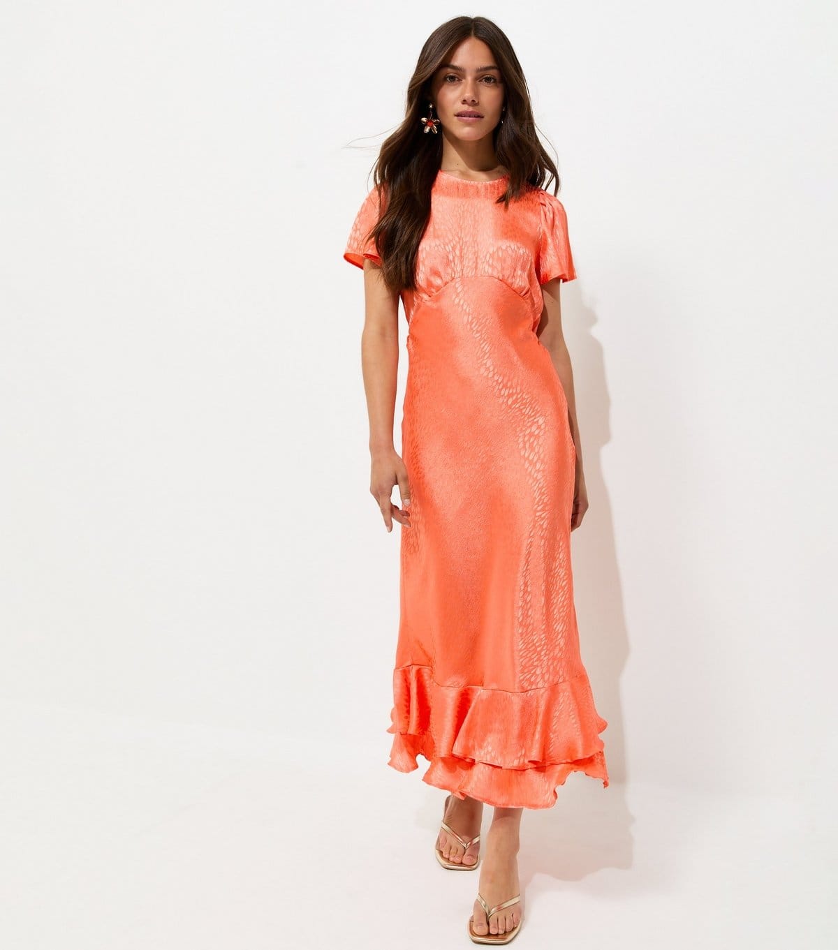 New Look Bright Orange Feather Jacquard Satin Midi Dress