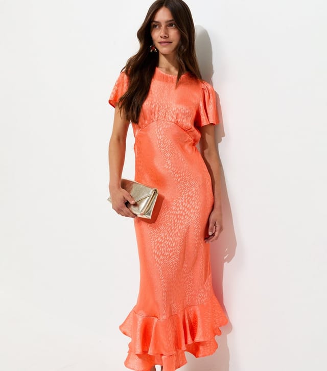 New Look Women's Petite Bright Orange Feather Jacquard Satin Midi Dress New Look - 3