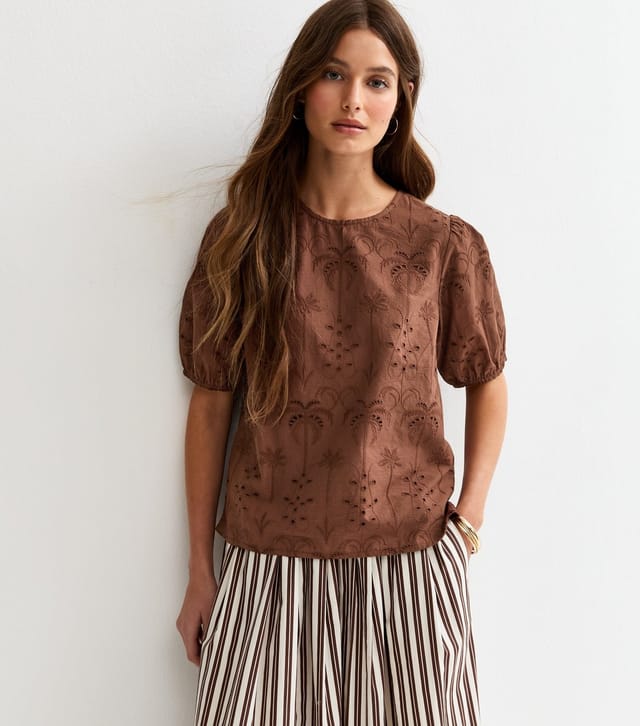New Look Women's Brown Palm Cutwork Puff Blouse New Look - 2