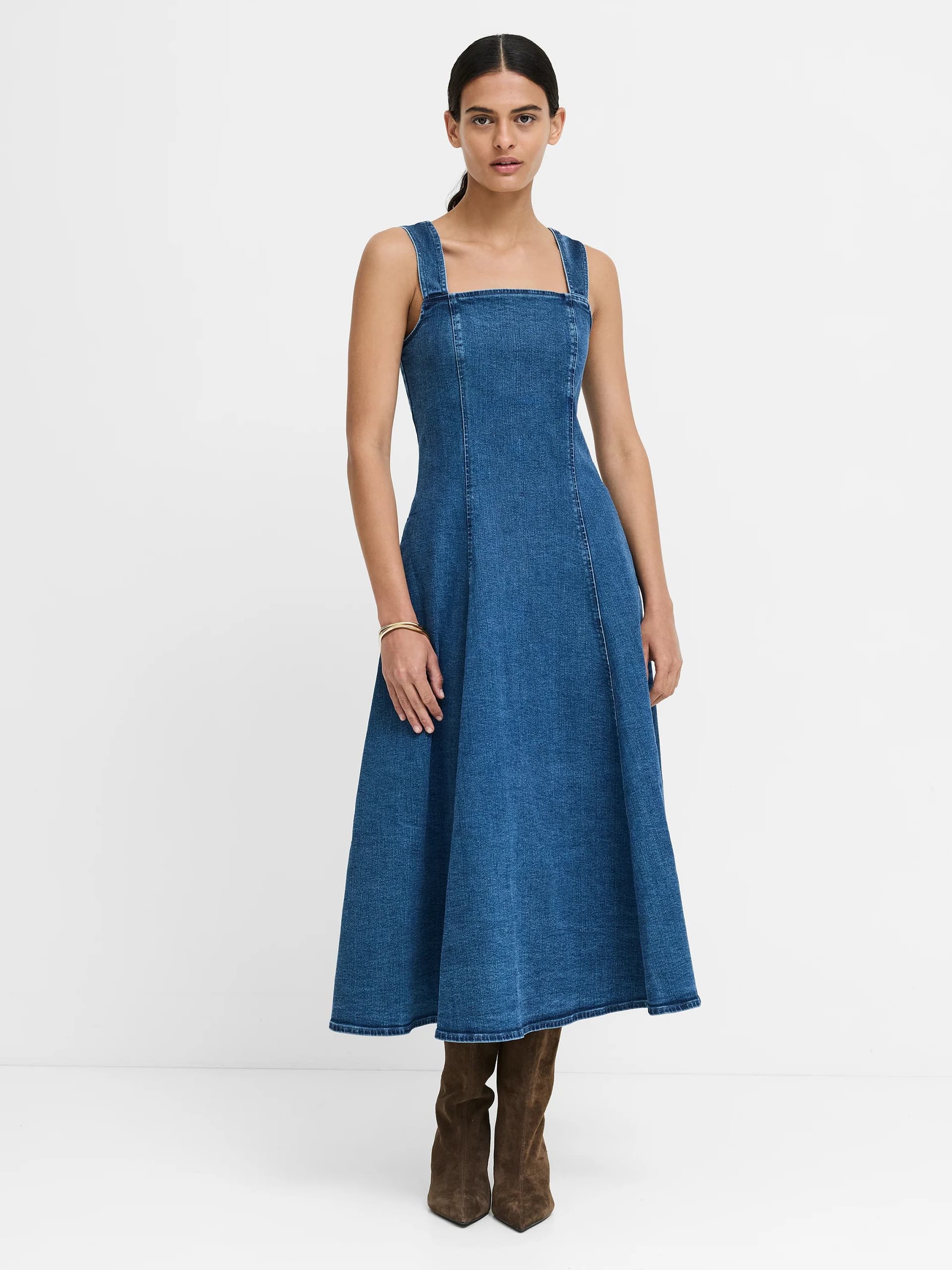 French Connection Delancey Denim Fit And Flare Midi Dress Blue Denim