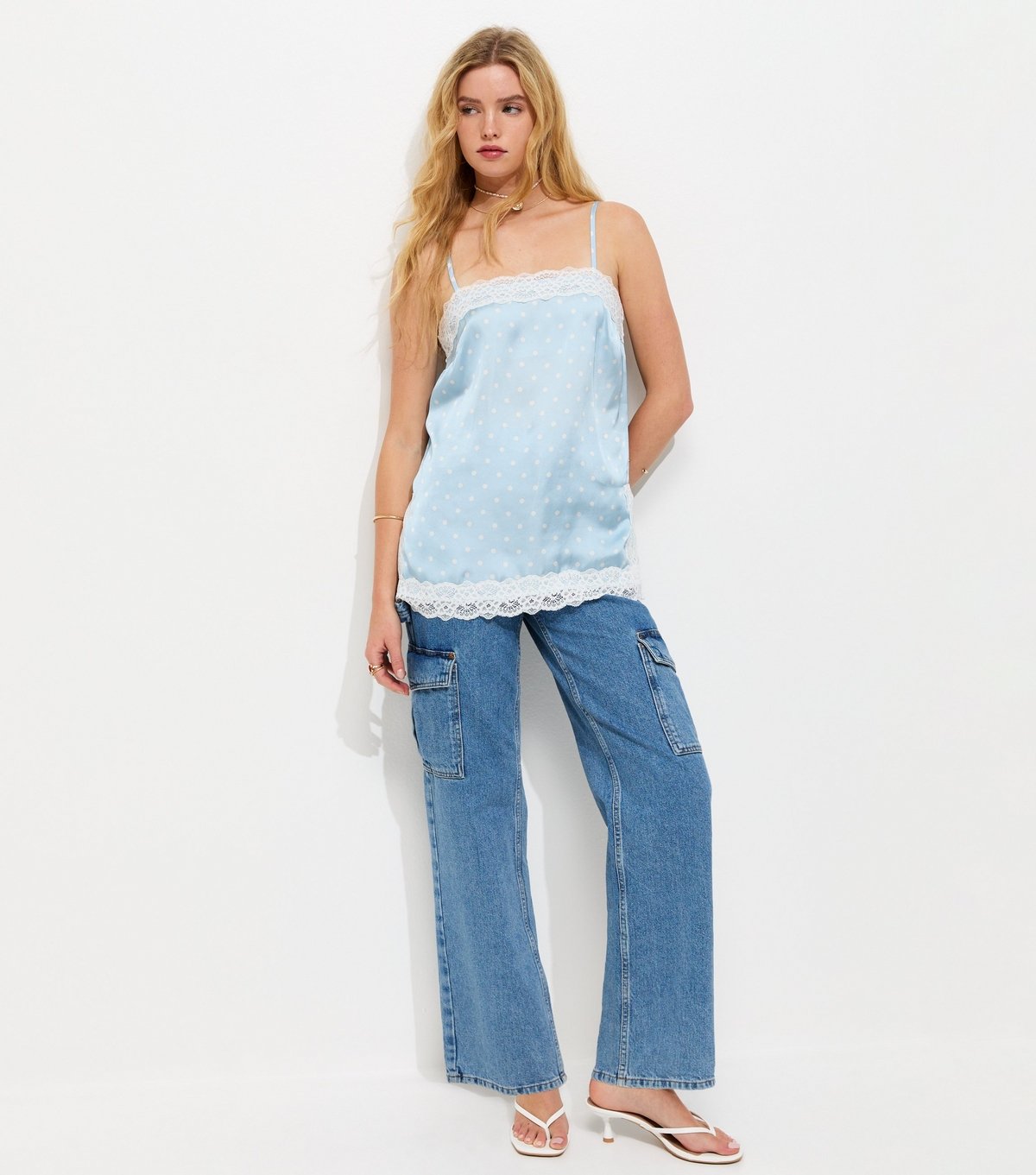 New Look Women's Blue Satin Lace Trim Polka Dot Cami Top New Look - 3