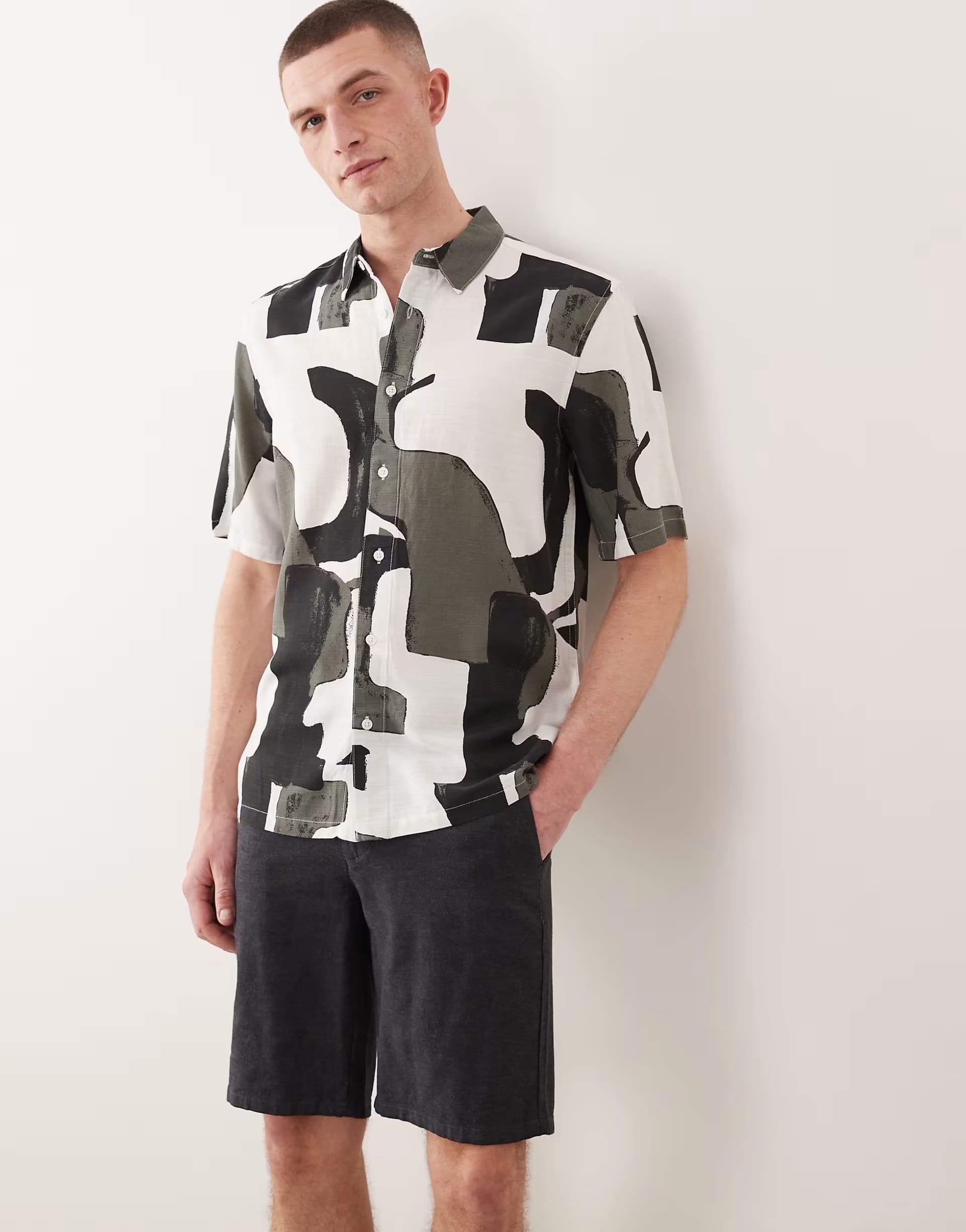 ASOS ONLY & SONS linen blend short sleeve shirt in grey abstract print