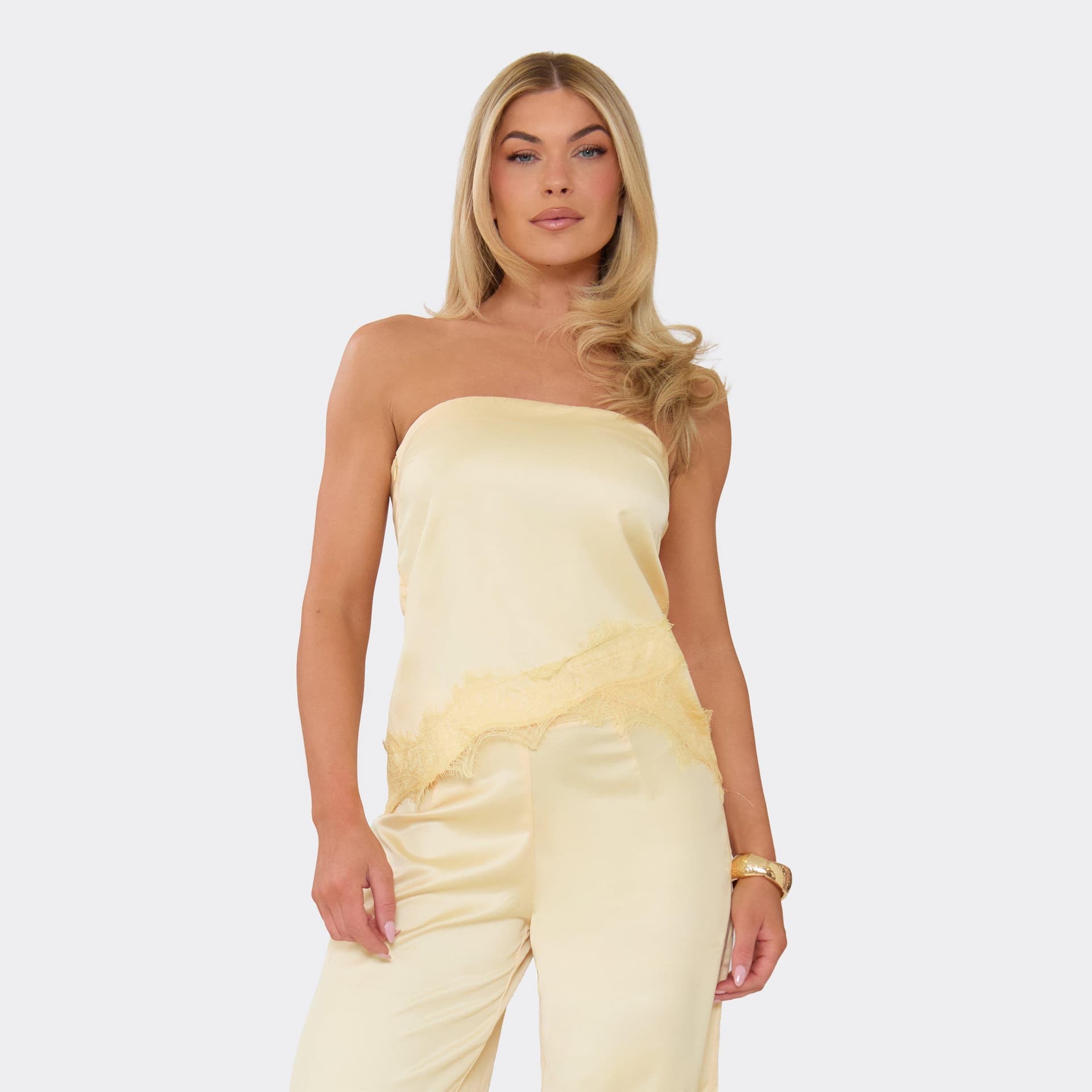 EGO Bandeau Asymmetric Lace Trim Detail Top In Lemon Satin, Women's Size UK 6