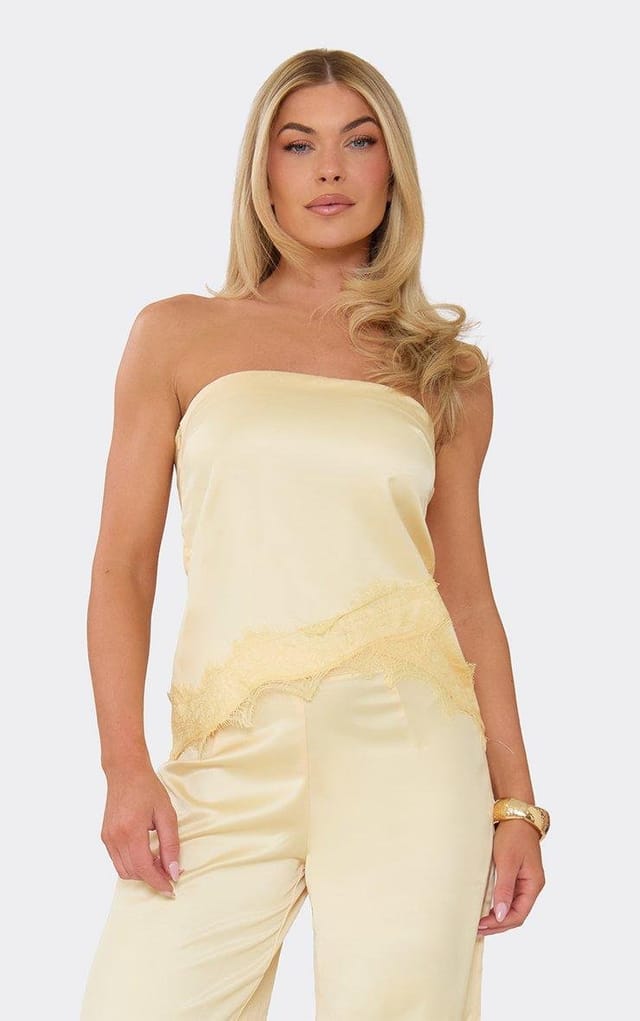 EGO Bandeau Asymmetric Lace Trim Detail Top In Lemon Satin, Women's Size UK 6 - 2