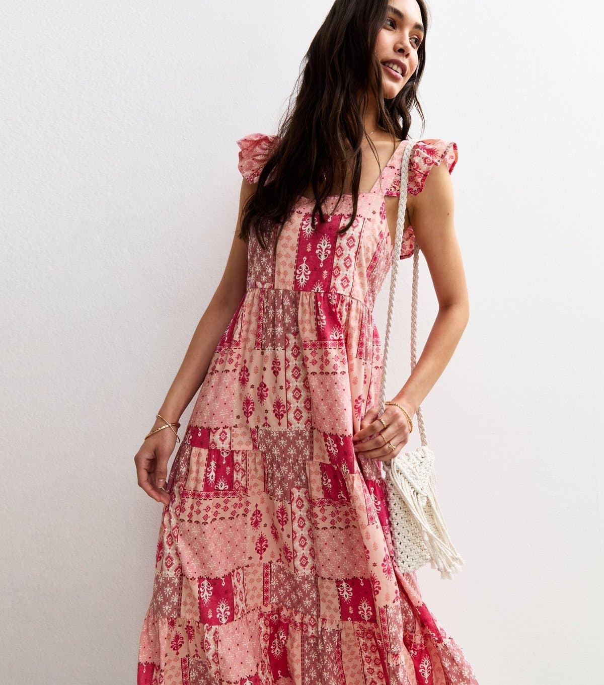 New Look Women's Pink Patchwork Print Tie Back Midi Dress New Look