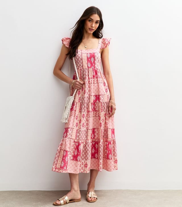 New Look Women's Pink Patchwork Print Tie Back Midi Dress New Look - 3