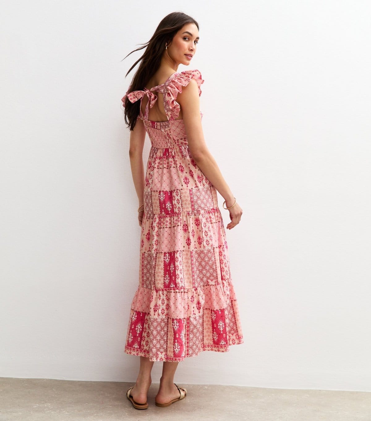 New Look Women's Pink Patchwork Print Tie Back Midi Dress New Look - 4