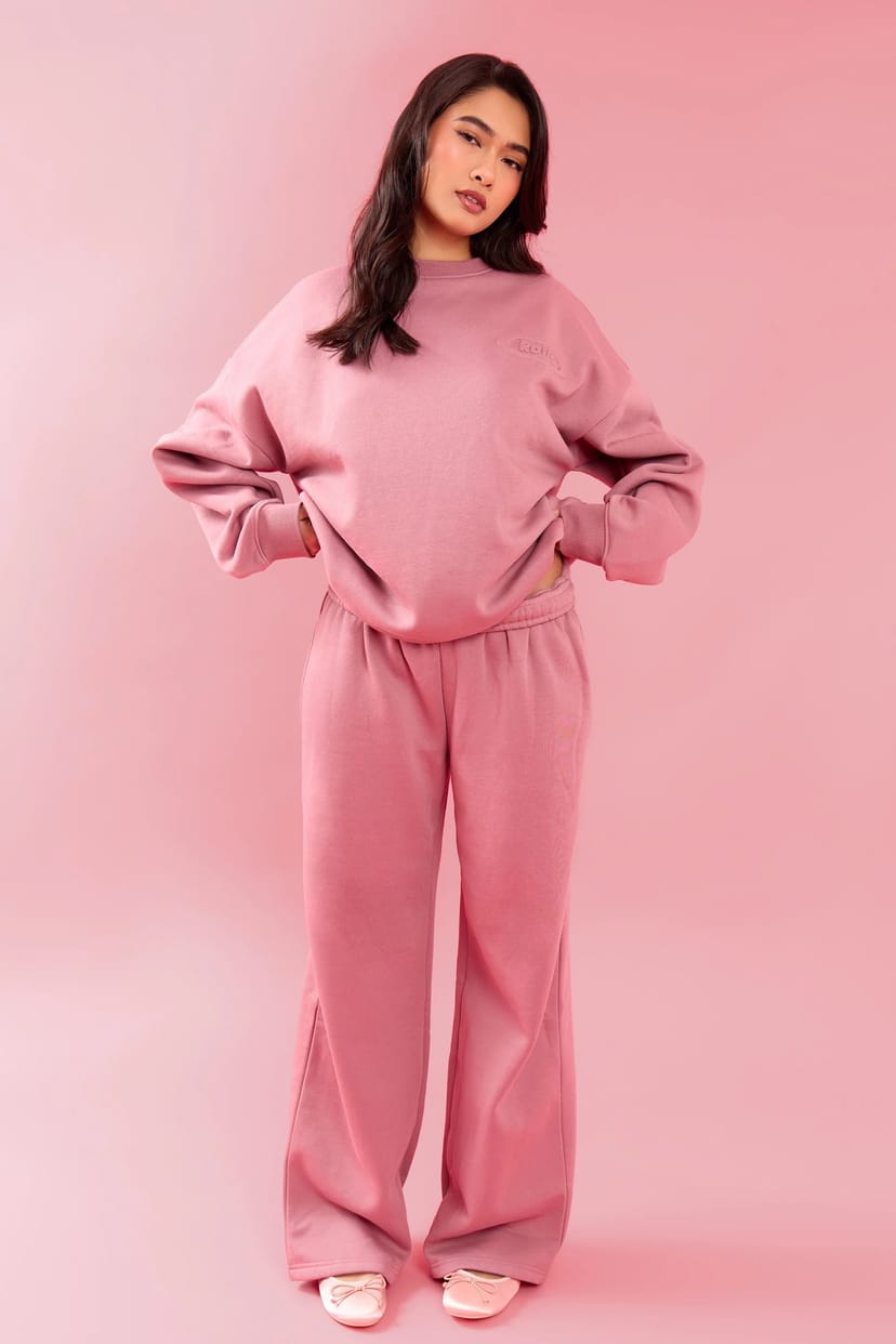Kaiia Kaiia Oval Embossed Folded Waistband Wide Leg Joggers Rose Latte - 1