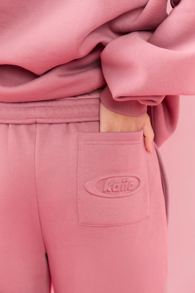Kaiia Kaiia Oval Embossed Folded Waistband Wide Leg Joggers Rose Latte - 2