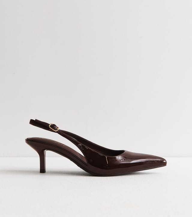 New Look Women's Wide Fit Dark Brown Patent Faux Leather Slingback Pumps Vegan New Look - 2
