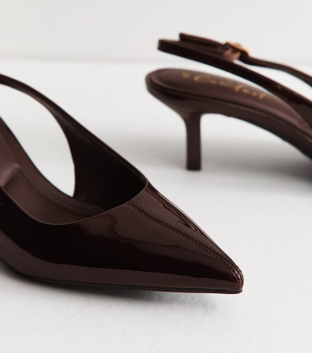 New Look Women's Wide Fit Dark Brown Patent Faux Leather Slingback Pumps Vegan New Look - 3