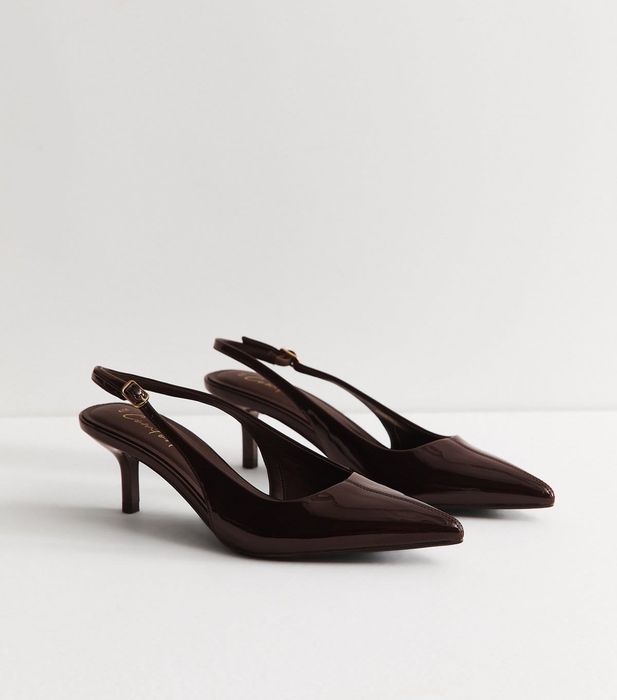 New Look Women's Wide Fit Dark Brown Patent Faux Leather Slingback Pumps Vegan New Look - 4