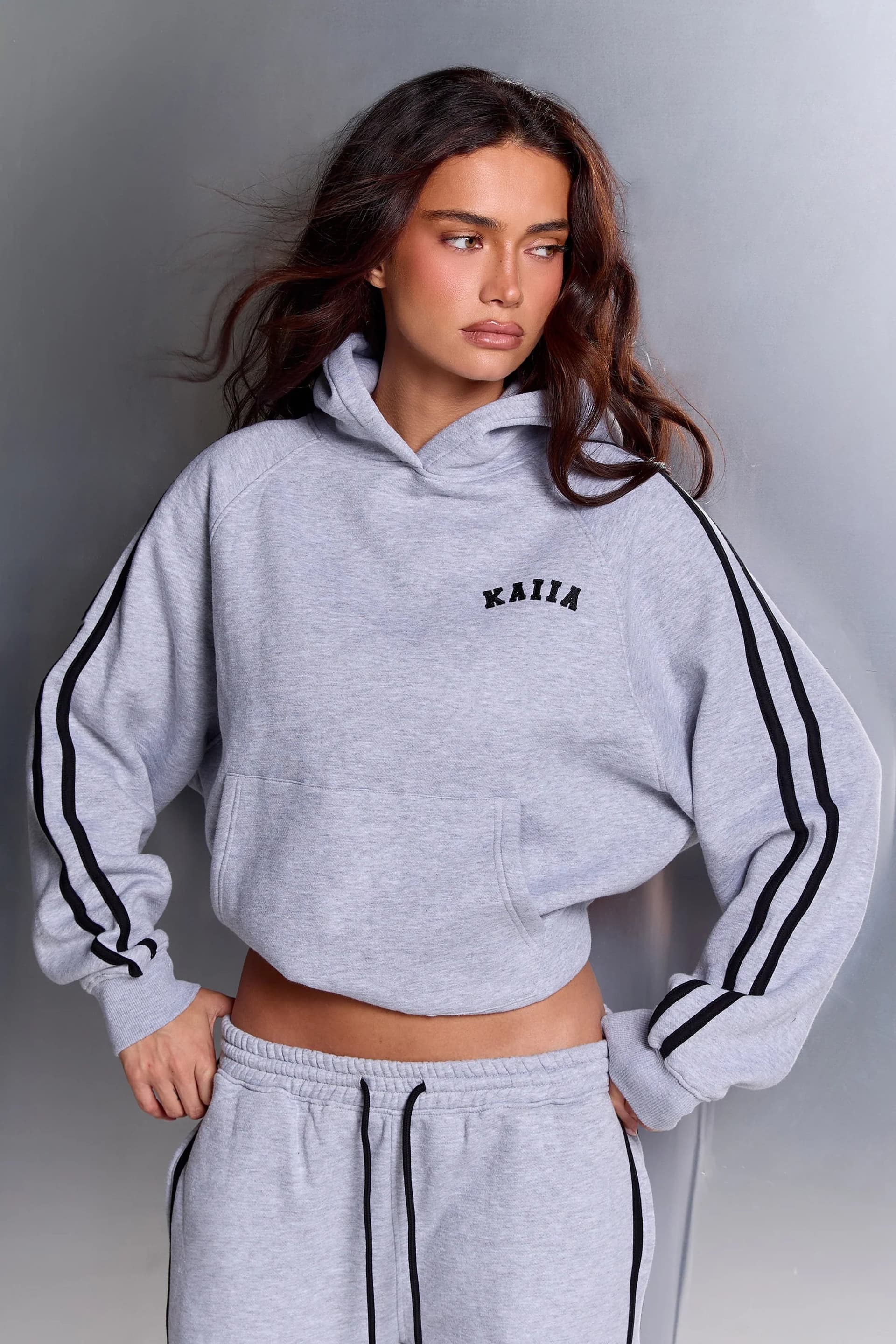 Kaiia Kaiia Sport Side Stripe Oversized Hoodie Mid Grey Marl & Black