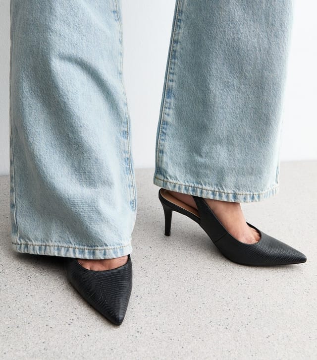 New Look Women's Black Snake Effect Leather Look Slingback Court Shoes Vegan New Look - 2