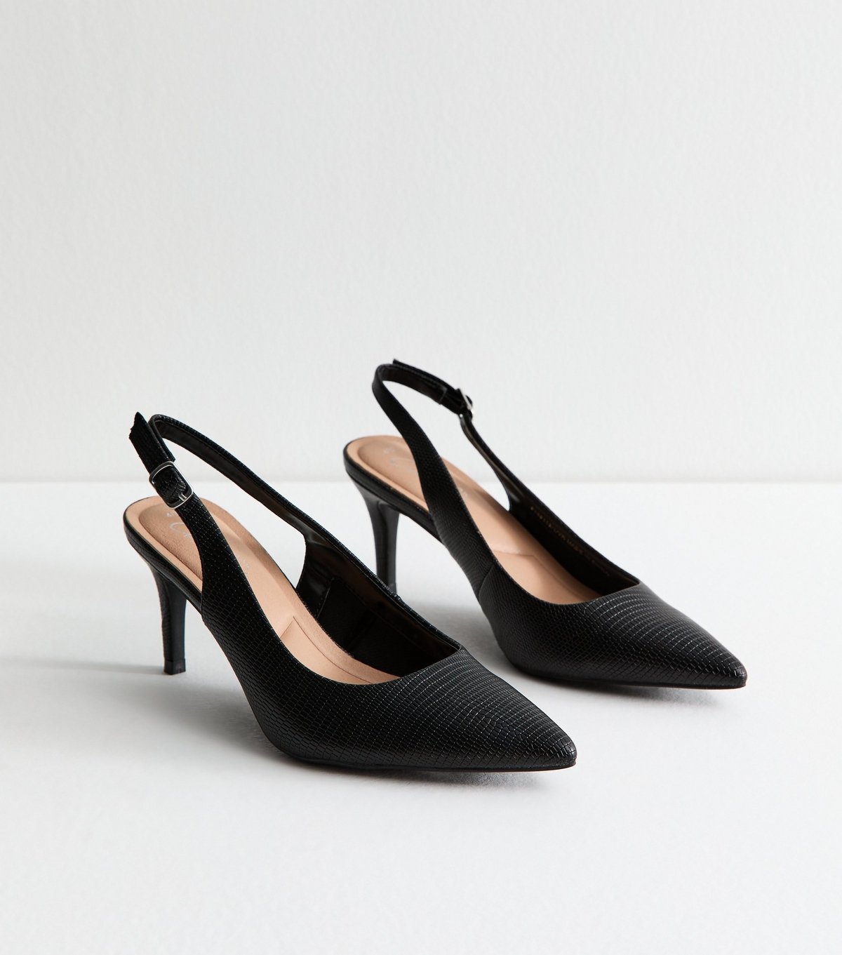 New Look Women's Black Snake Effect Leather Look Slingback Court Shoes Vegan New Look - 3