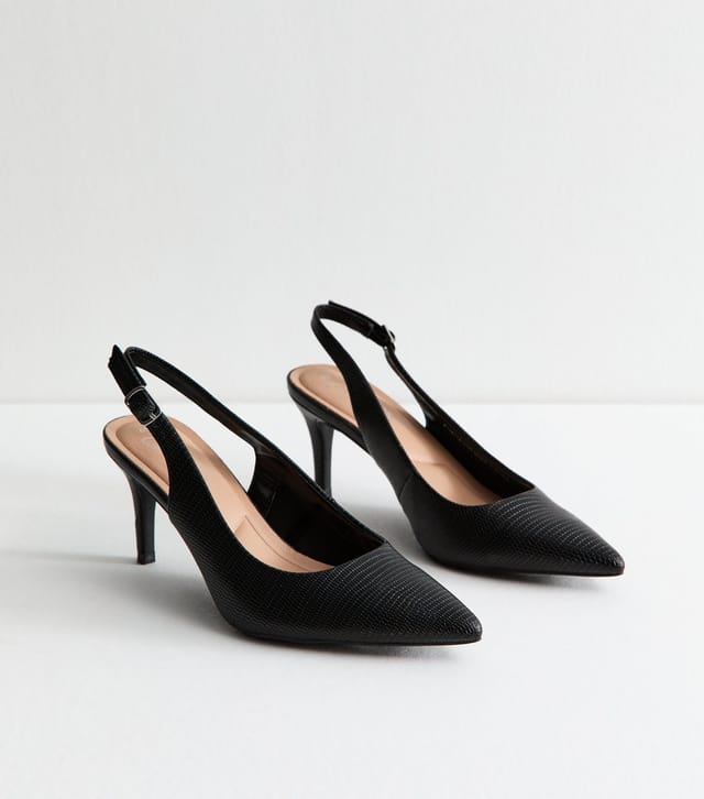 New Look Women's Black Snake Effect Leather Look Slingback Court Shoes Vegan New Look - 3