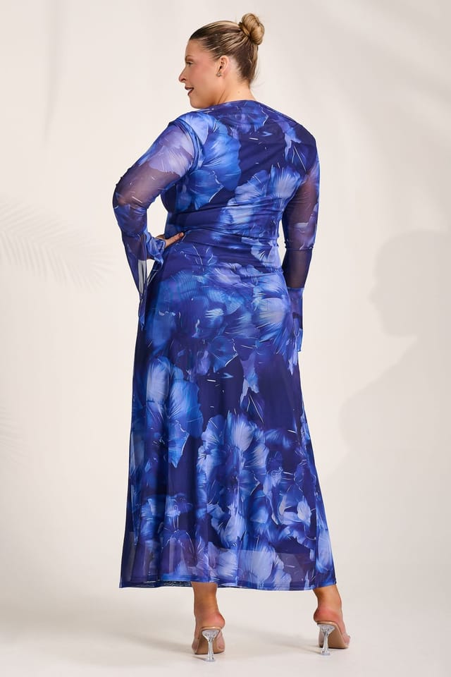 Jolie Moi Jolie Moi Women's Slash Neck Mesh Maxi Dress in Blue - 2