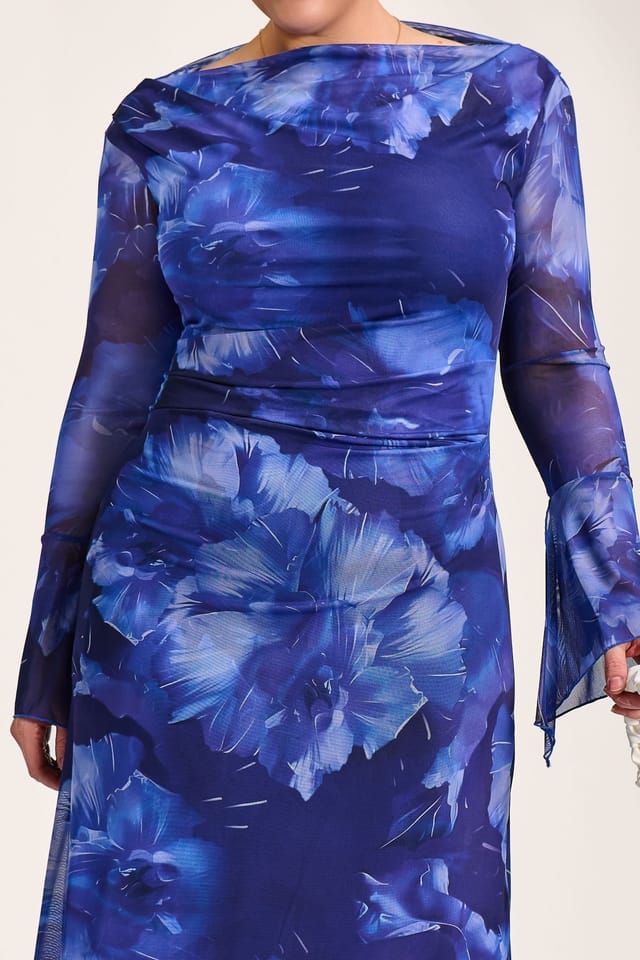 Jolie Moi Jolie Moi Women's Slash Neck Mesh Maxi Dress in Blue - 3