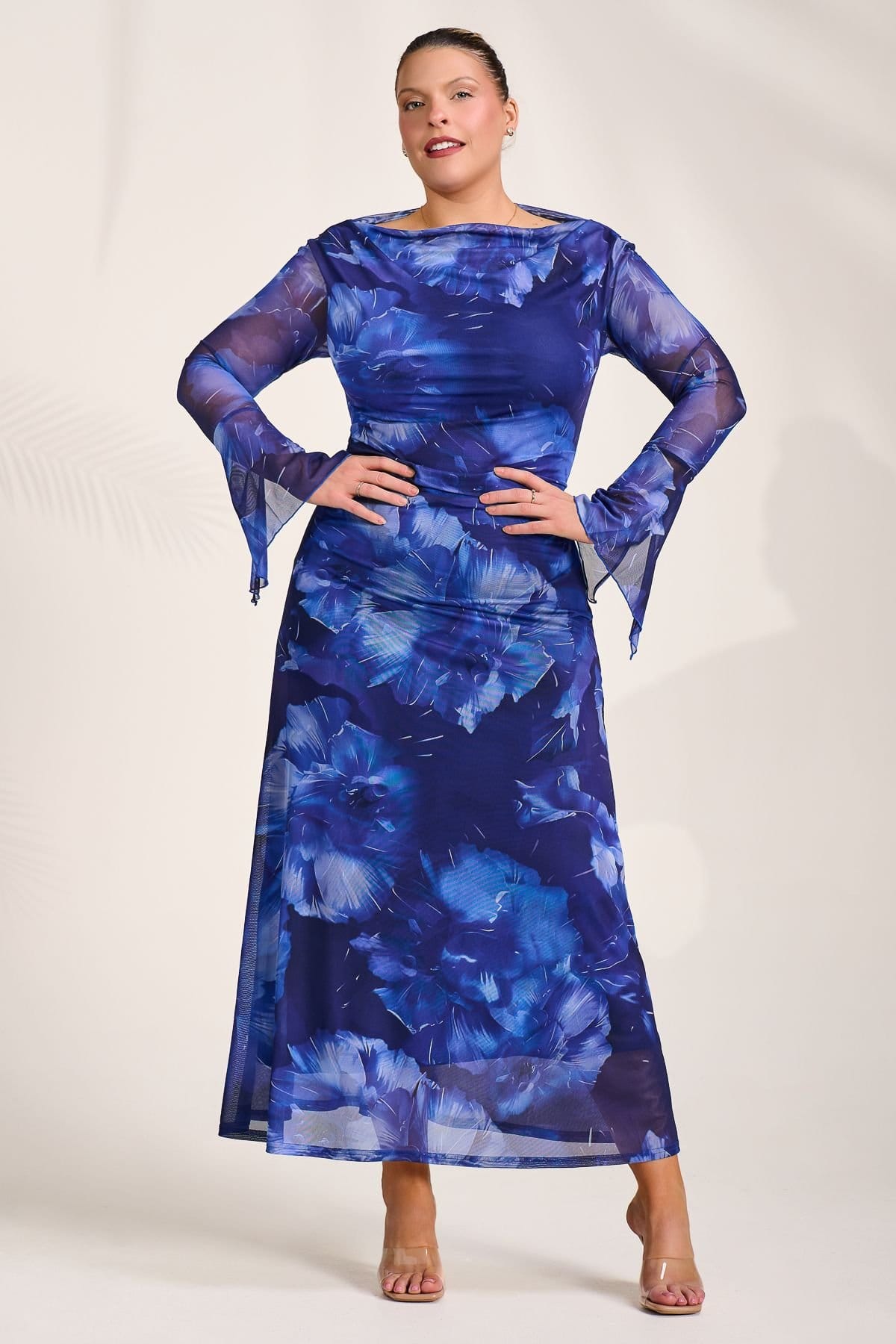 Jolie Moi Jolie Moi Women's Slash Neck Mesh Maxi Dress in Blue - 4
