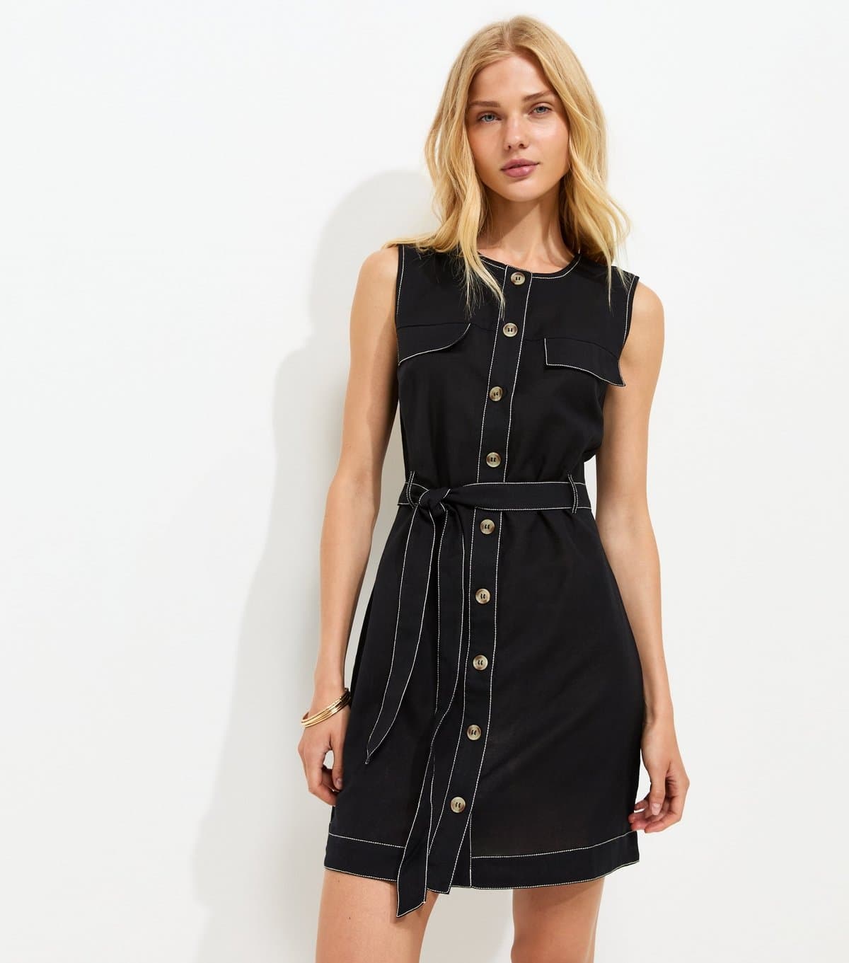 New Look Women's Black Cotton Rich Contrast Stitch Button Through Mini Dress New Look