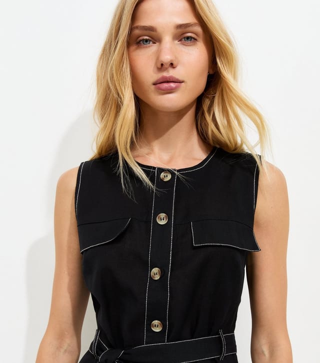 New Look Women's Black Cotton Rich Contrast Stitch Button Through Mini Dress New Look - 2