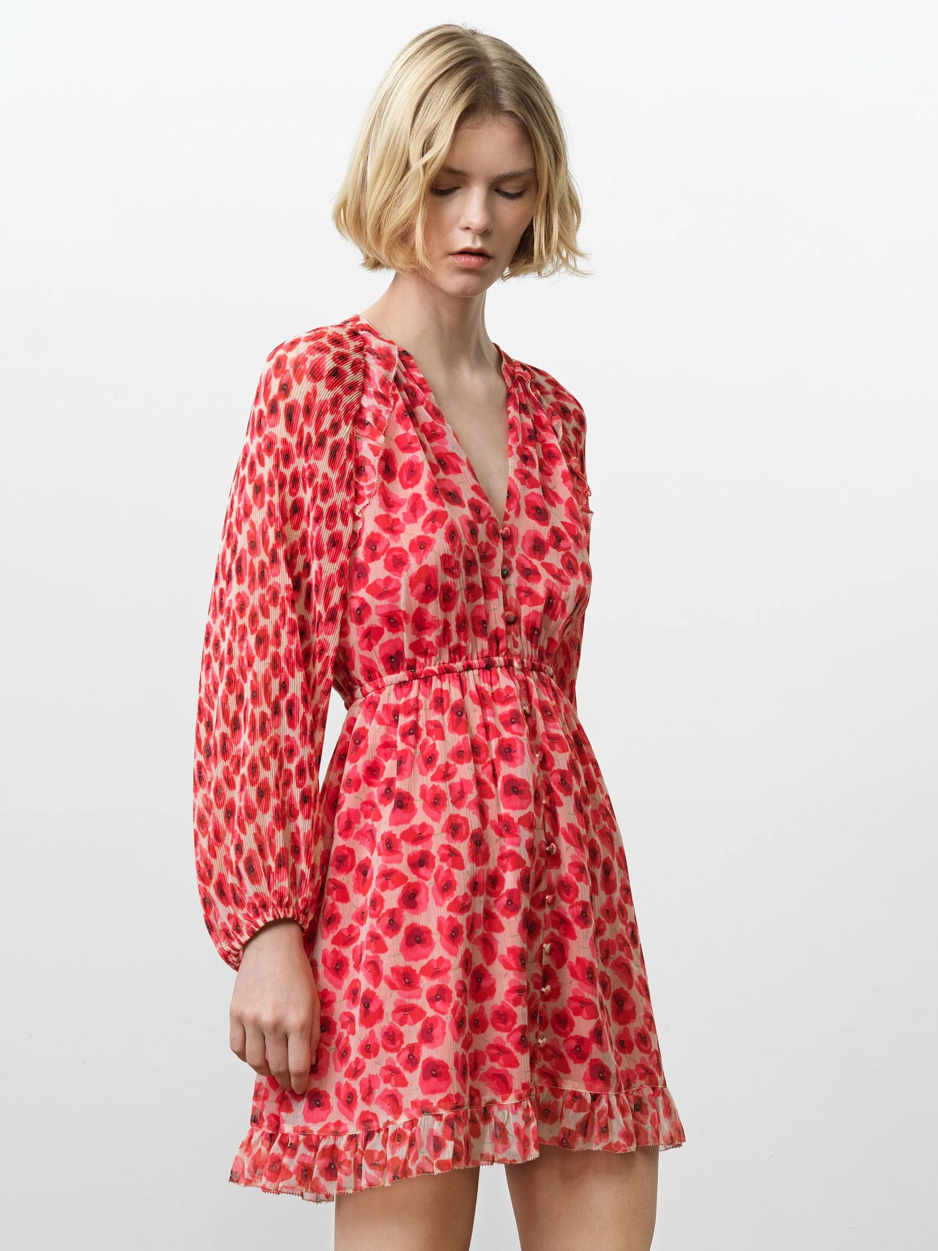 French Connection Poppy Emina Pleated Puff Sleeve Mini Dress Red Multi Floral Print