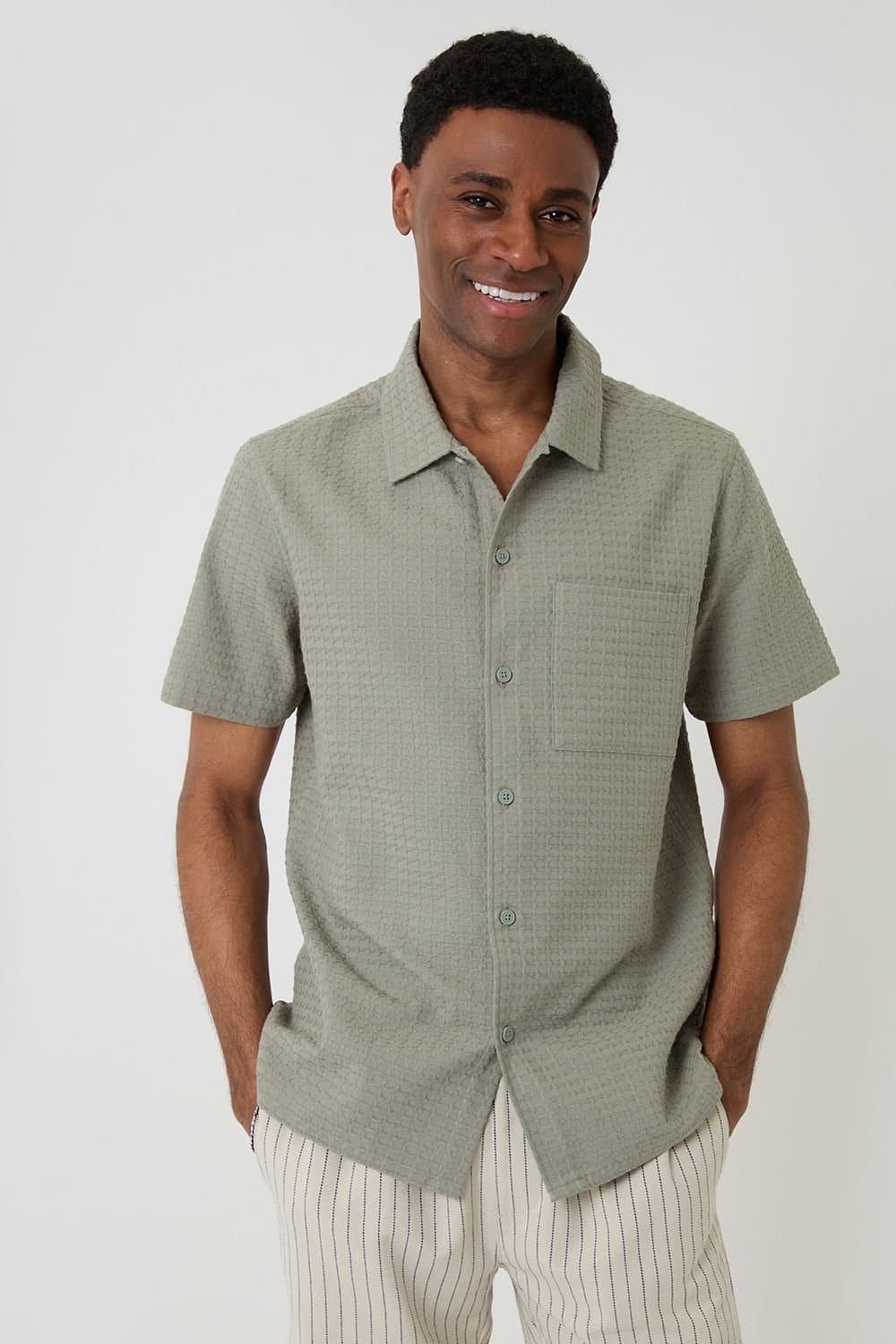 Threadbare Threadbare Men's Textured Cotton Short Sleeve Shirt in Pale Green