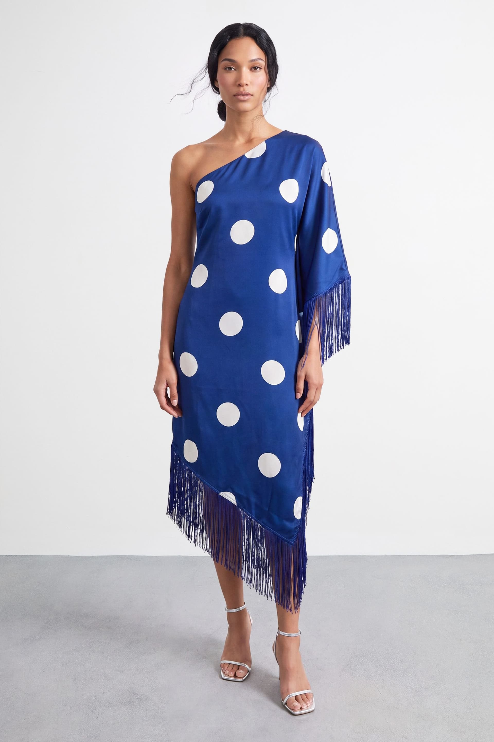 Warehouse Warehouse Women's Petite Premium Fringe Trim One Shoulder Midi Dress in Cobalt