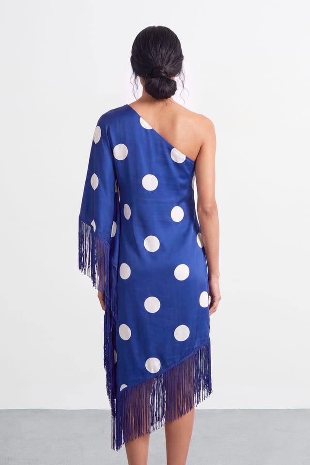 Warehouse Warehouse Women's Petite Premium Fringe Trim One Shoulder Midi Dress in Cobalt - 2