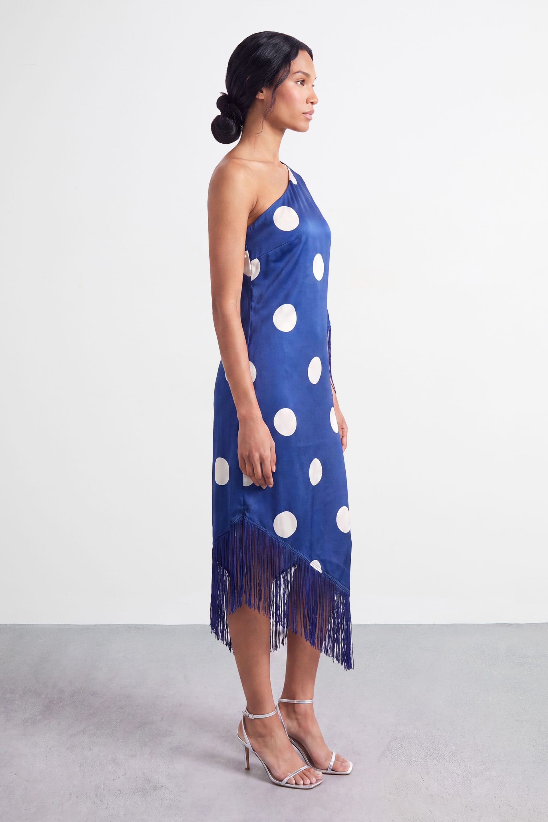 Warehouse Warehouse Women's Petite Premium Fringe Trim One Shoulder Midi Dress in Cobalt - 4