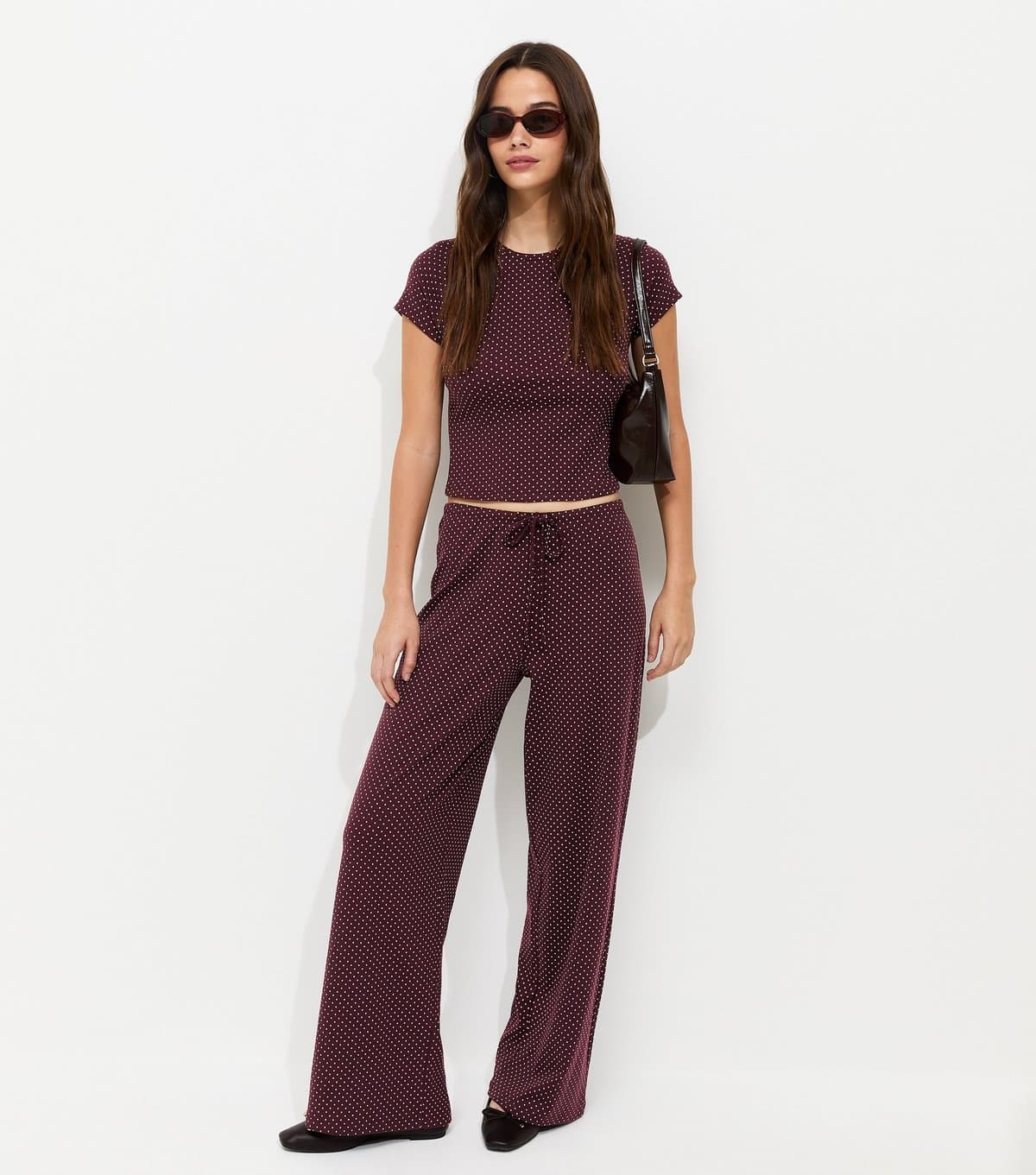 New Look Women's Burgundy Polka Dot Drawstring Wide Leg Trousers New Look