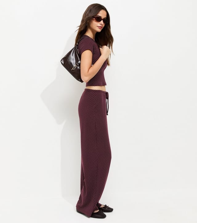 New Look Women's Burgundy Polka Dot Drawstring Wide Leg Trousers New Look - 3