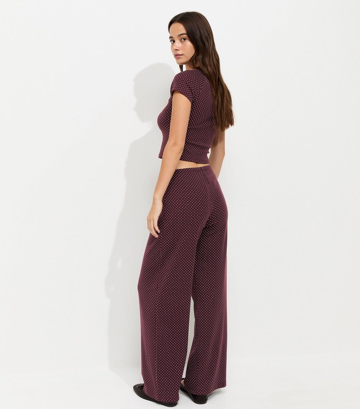 New Look Women's Burgundy Polka Dot Drawstring Wide Leg Trousers New Look - 4