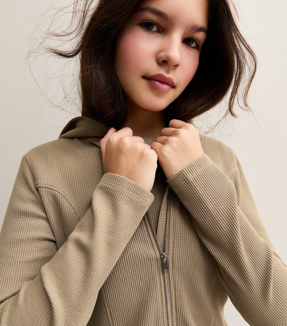 New Look Girls' Camel Waffle Texture Zip Up Hoodie New Look