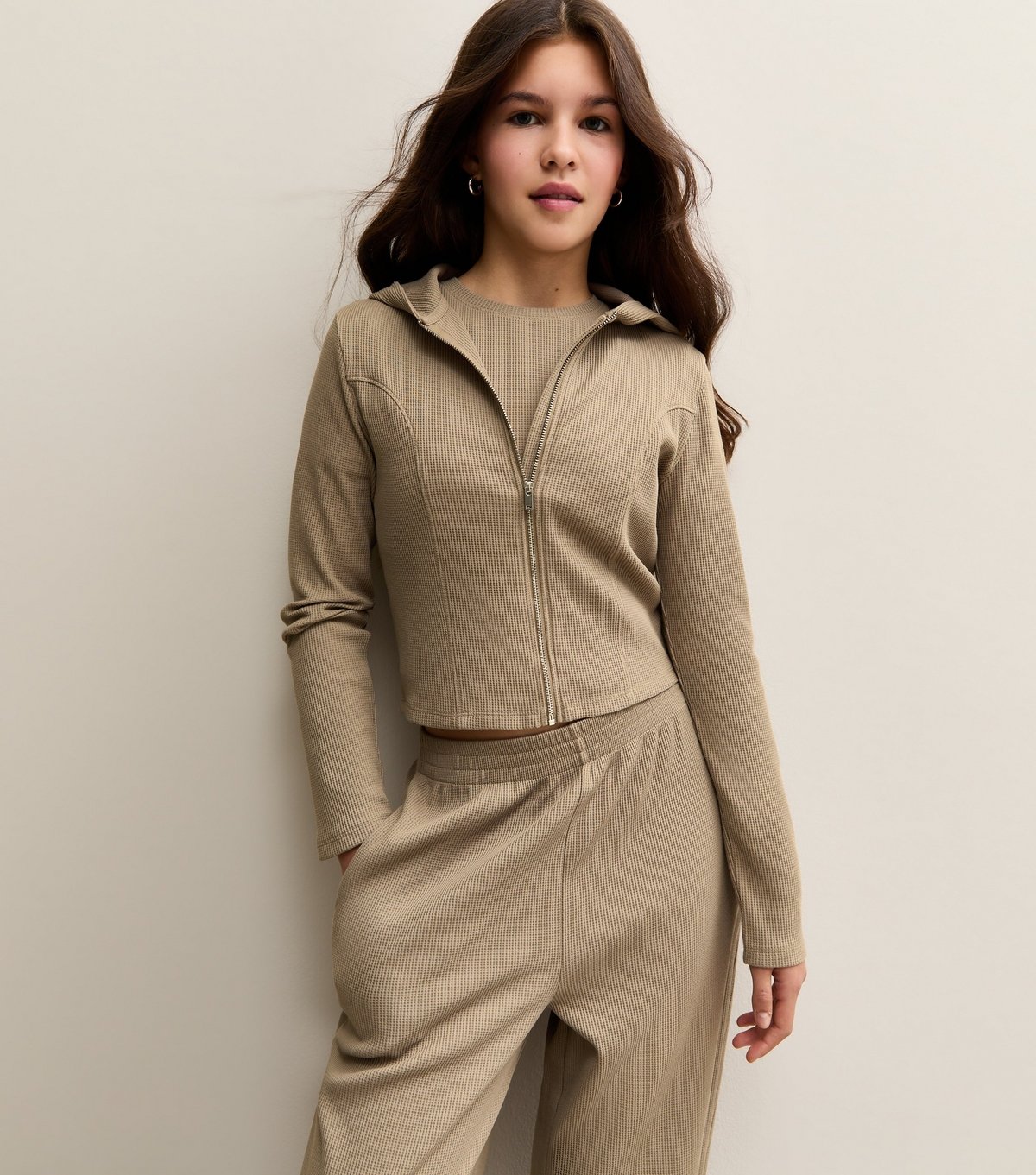 New Look Girls' Camel Waffle Texture Zip Up Hoodie New Look - 2