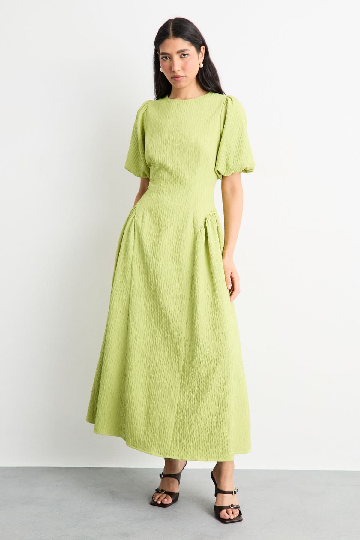 Warehouse Warehouse Women's Textured Godet Side Puff Sleeve Midi Dress in Chartreuse
