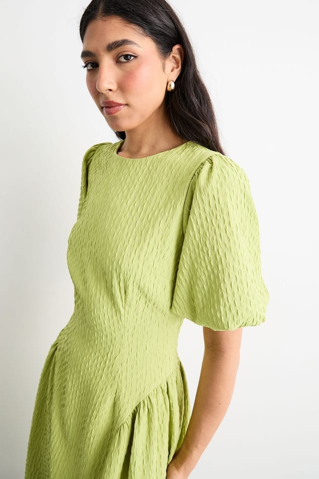 Warehouse Warehouse Women's Textured Godet Side Puff Sleeve Midi Dress in Chartreuse - 2