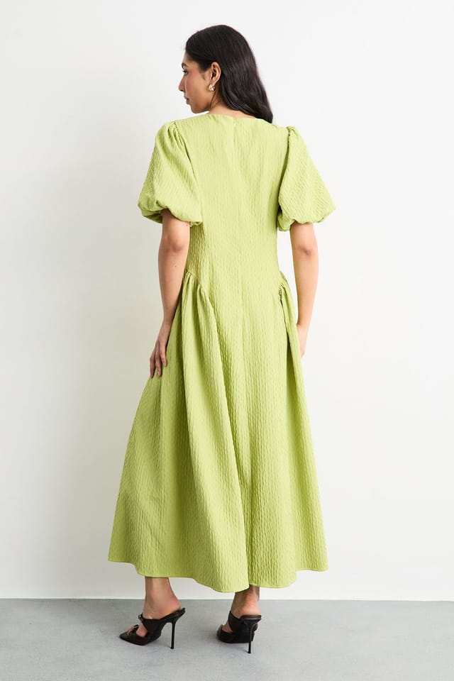 Warehouse Warehouse Women's Textured Godet Side Puff Sleeve Midi Dress in Chartreuse - 3