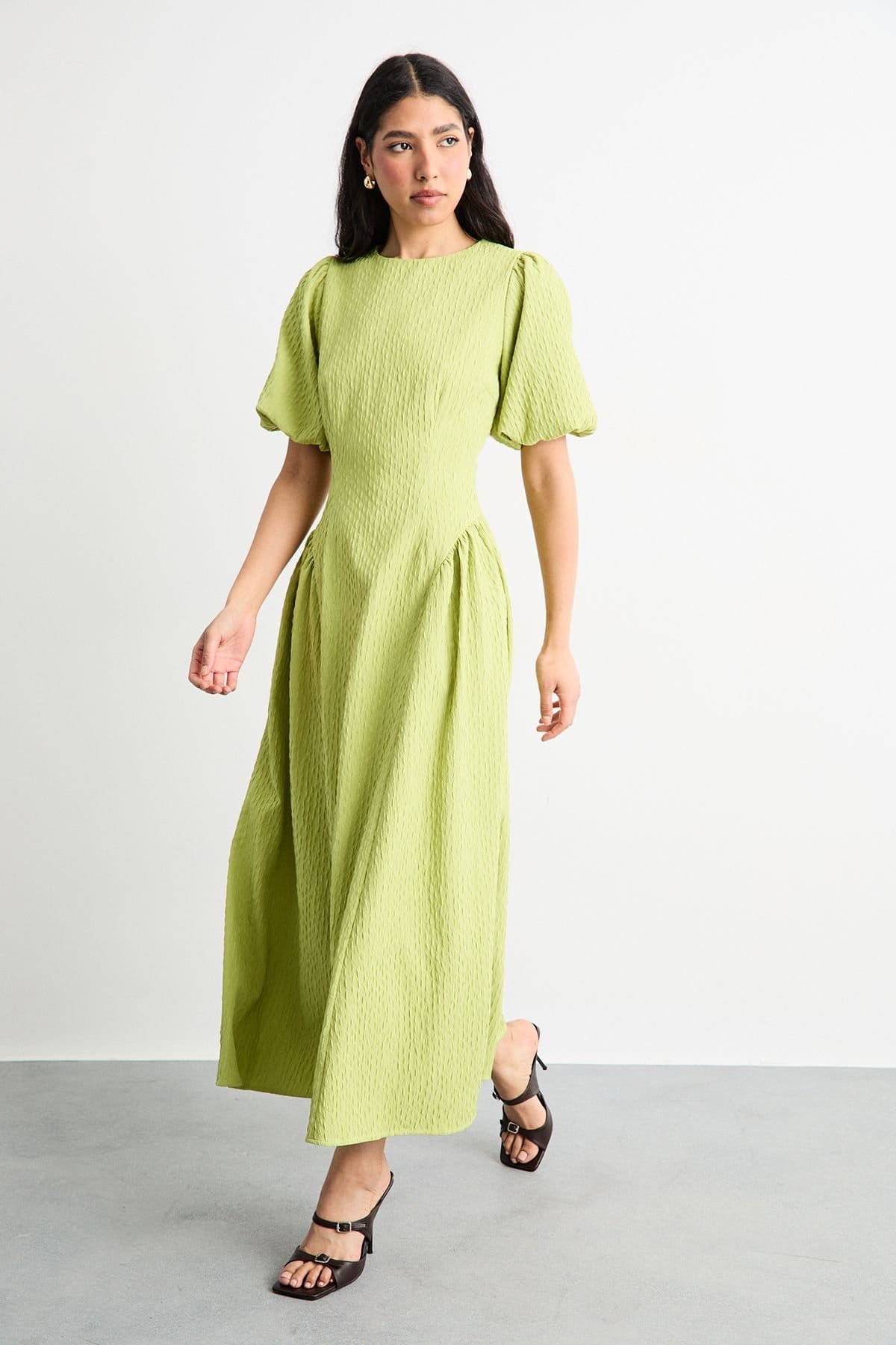 Warehouse Warehouse Women's Textured Godet Side Puff Sleeve Midi Dress in Chartreuse - 4