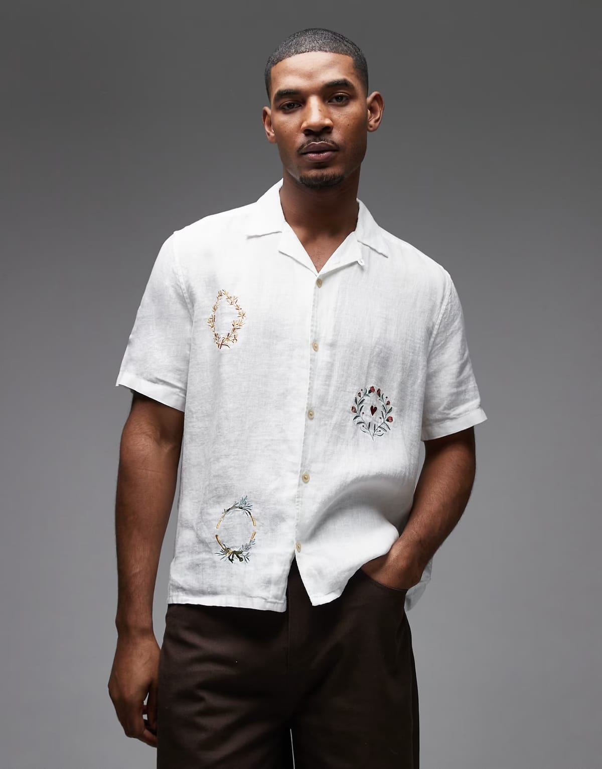 ASOS AllSaints Deck short sleeve linen embroidered shirt in ecru - 1