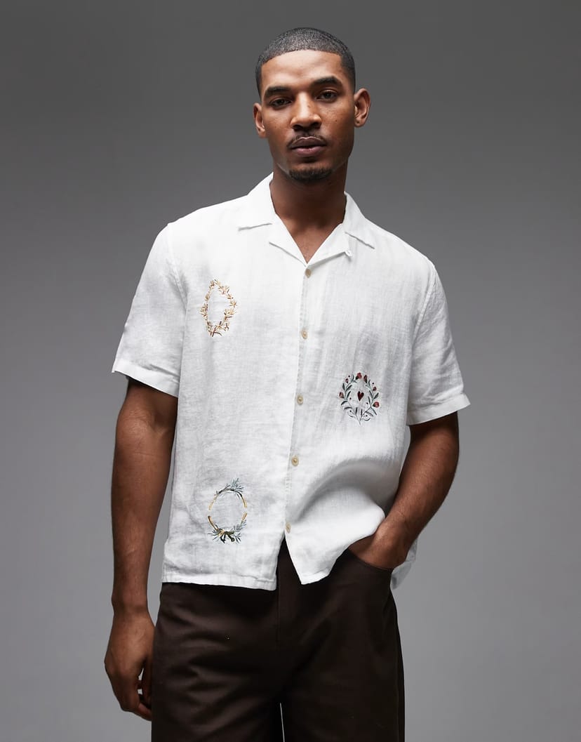 ASOS AllSaints Deck short sleeve linen embroidered shirt in ecru - 1