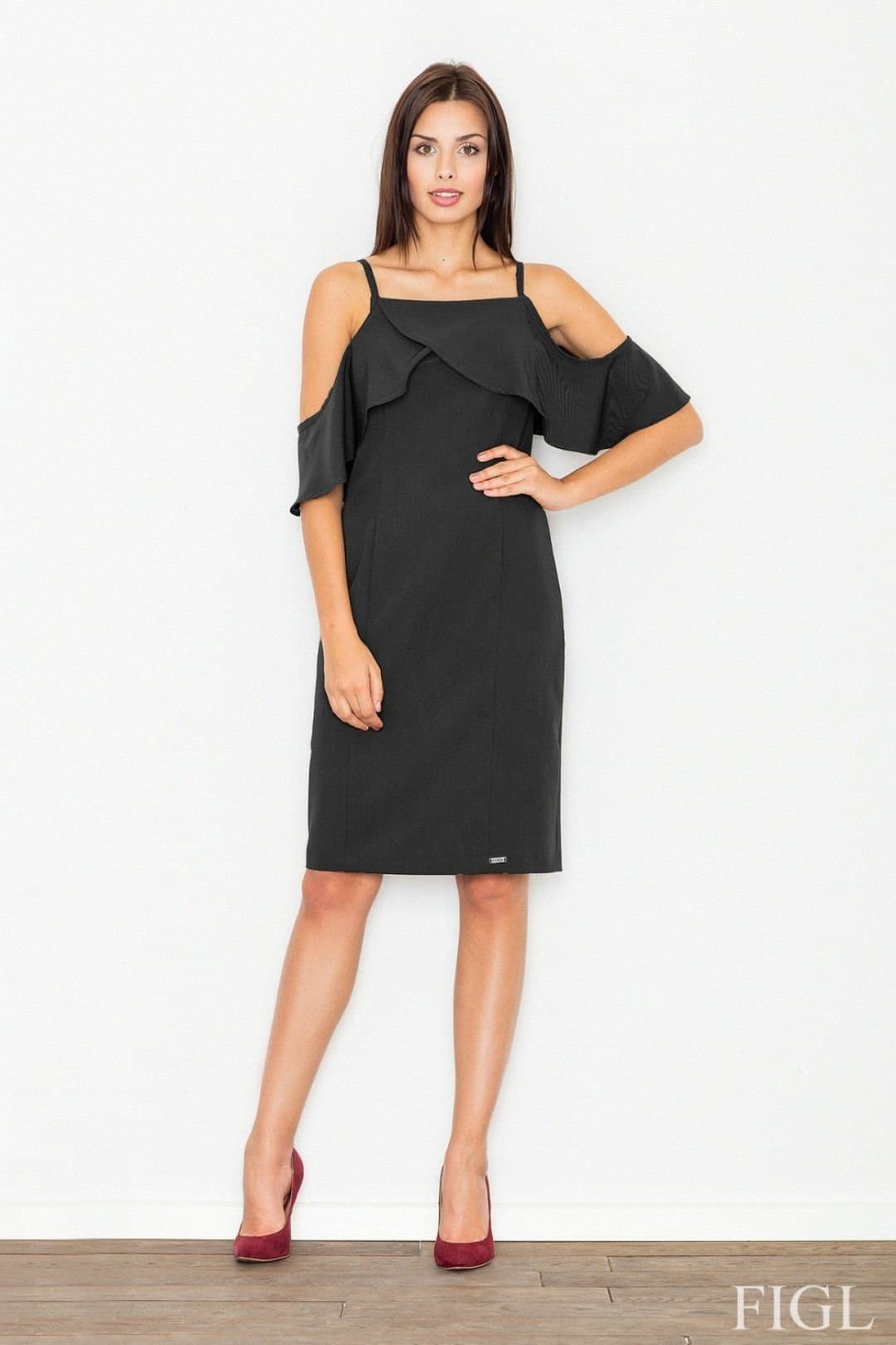 Love Lace Love Lace Women's Chic Off-Shoulder Frill Knit Dress in Black