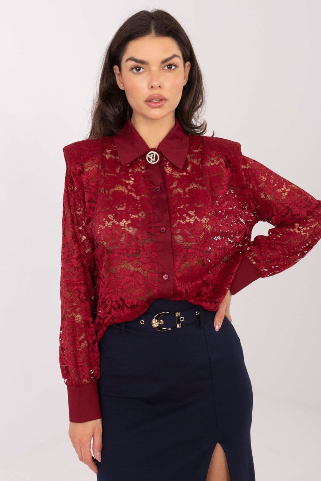 Love Lace Love Lace Women's Elegant Lace Long Sleeve Shirt with Brooch Style 222319 in Red