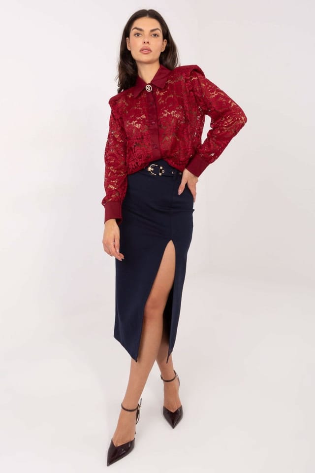 Love Lace Love Lace Women's Elegant Lace Long Sleeve Shirt with Brooch Style 222319 in Red - 2