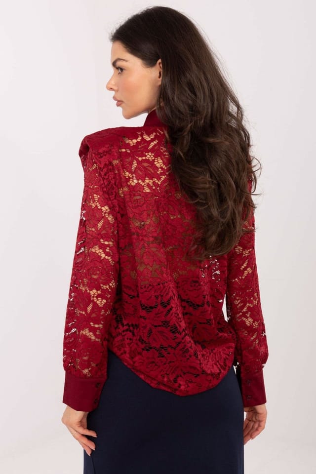 Love Lace Love Lace Women's Elegant Lace Long Sleeve Shirt with Brooch Style 222319 in Red - 3