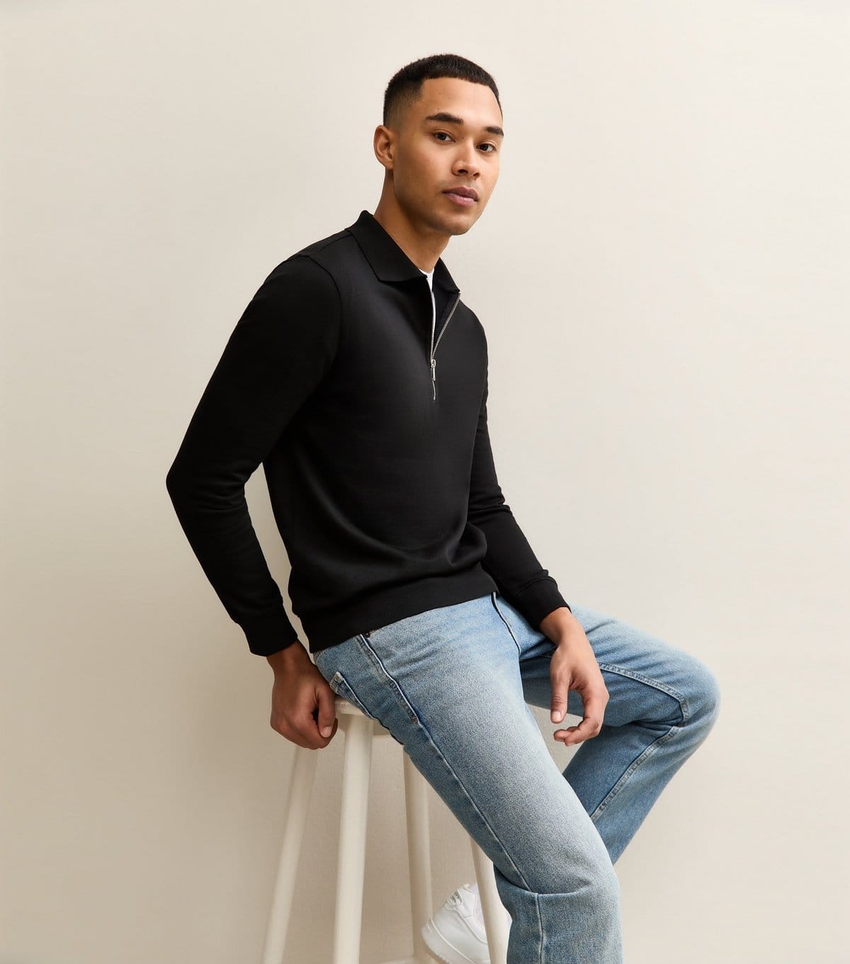 New Look Men's Black Quarter Zip Polo Sweatshirt