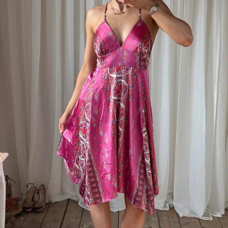 New Look Y2k  Pink paisley satin midi dress asymmetrical fairy hem old label new look
