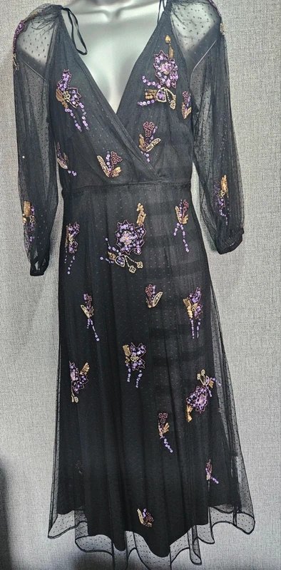 Monsoon Stunning Monsoon Eloise Hand Embellished Mesh Maxi Dress - Black/Purple Floral - 1