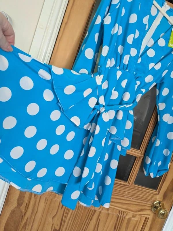 Zack London John Zack Blue Polka Dot Wrap Style Dress UK 16 – New With Tags, 3 small flaws
